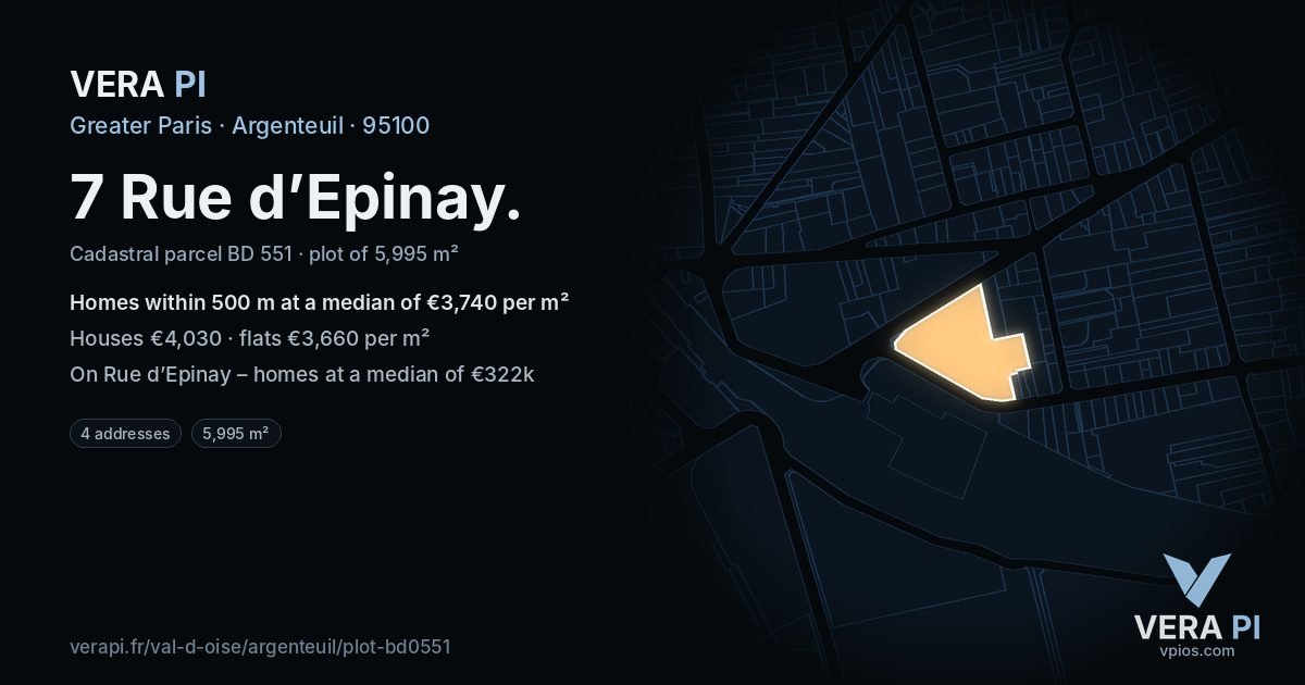 7 Rue d’Epinay, Argenteuil at night – the plot lit, the parcels around coloured by the prices near them