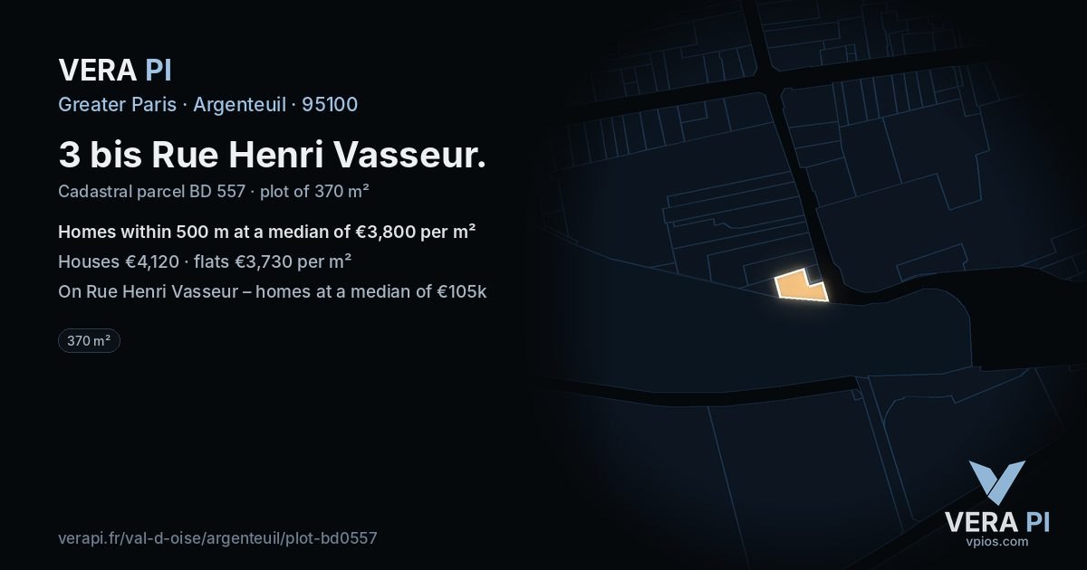 3 bis Rue Henri Vasseur, Argenteuil at night – the plot lit, the parcels around coloured by the prices near them