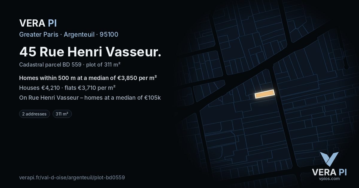 45 Rue Henri Vasseur, Argenteuil at night – the plot lit, the parcels around coloured by the prices near them
