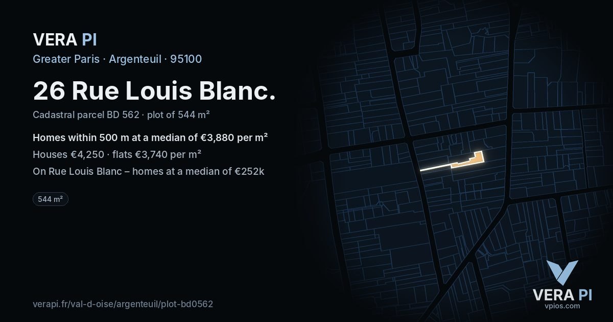 26 Rue Louis Blanc, Argenteuil at night – the plot lit, the parcels around coloured by the prices near them