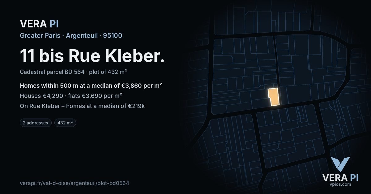 11 bis Rue Kleber, Argenteuil at night – the plot lit, the parcels around coloured by the prices near them