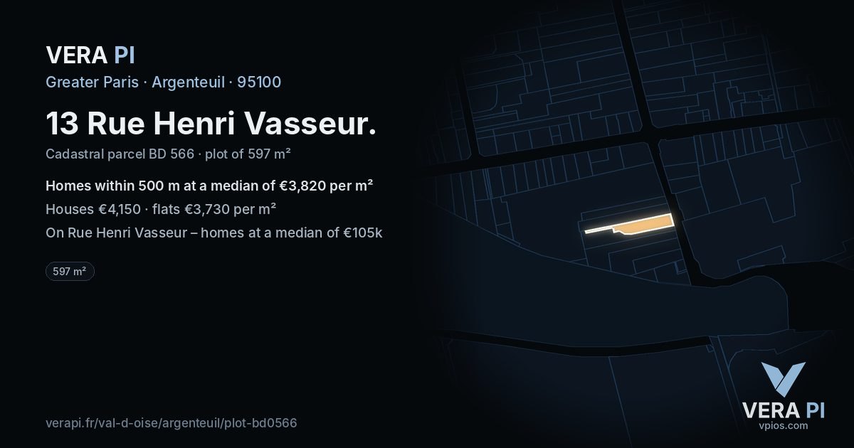 13 Rue Henri Vasseur, Argenteuil at night – the plot lit, the parcels around coloured by the prices near them
