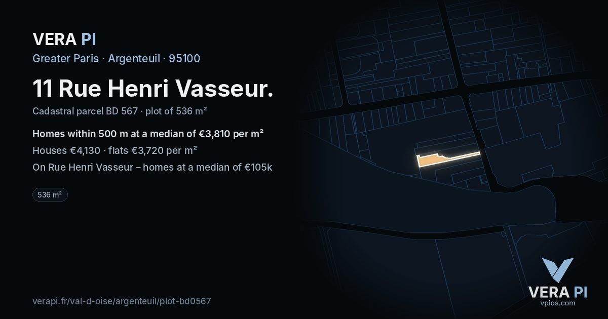 11 Rue Henri Vasseur, Argenteuil at night – the plot lit, the parcels around coloured by the prices near them