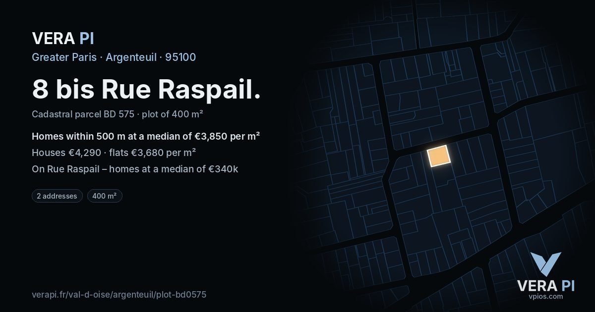 8 bis Rue Raspail, Argenteuil at night – the plot lit, the parcels around coloured by the prices near them