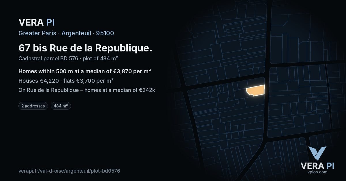 67 bis Rue de la Republique, Argenteuil at night – the plot lit, the parcels around coloured by the prices near them