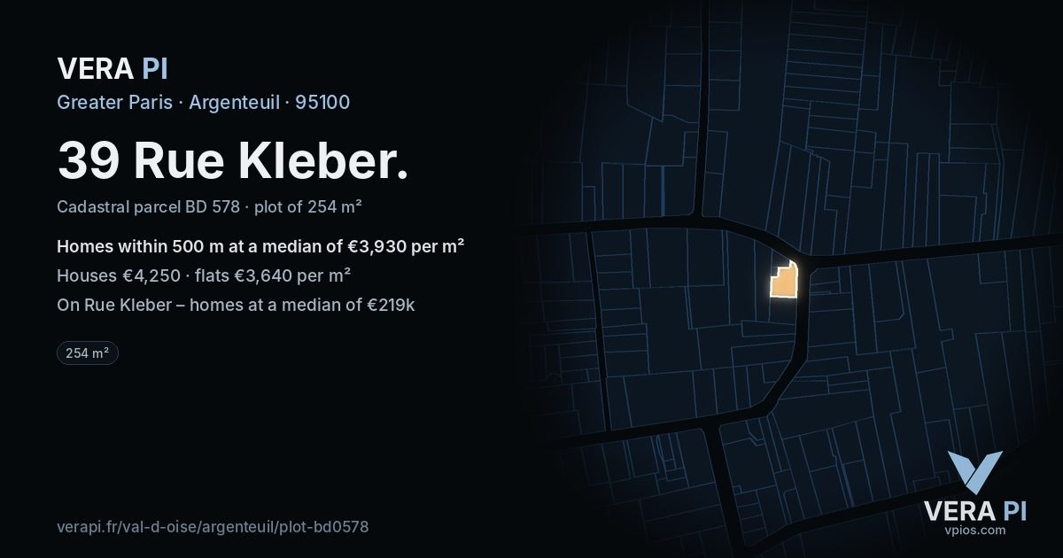 39 Rue Kleber, Argenteuil at night – the plot lit, the parcels around coloured by the prices near them