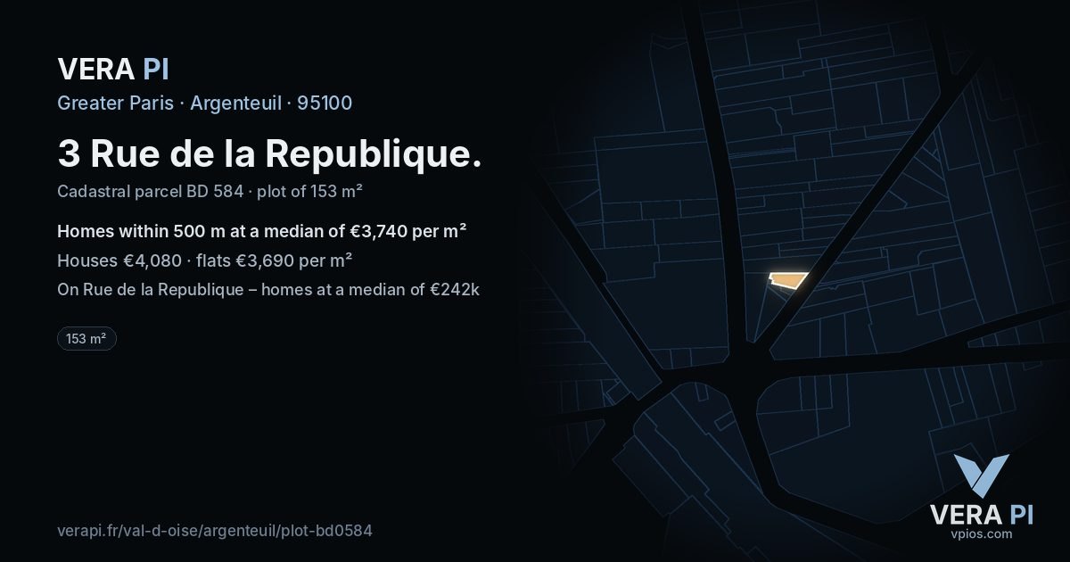 3 Rue de la Republique, Argenteuil at night – the plot lit, the parcels around coloured by the prices near them