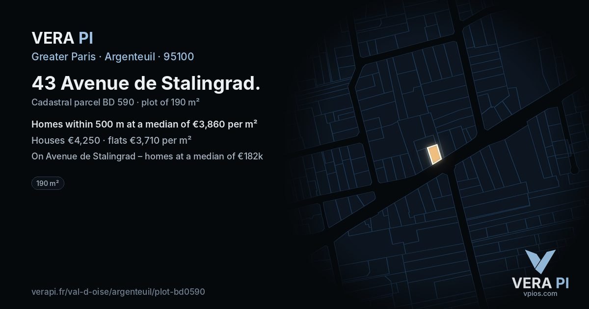 43 Avenue de Stalingrad, Argenteuil at night – the plot lit, the parcels around coloured by the prices near them