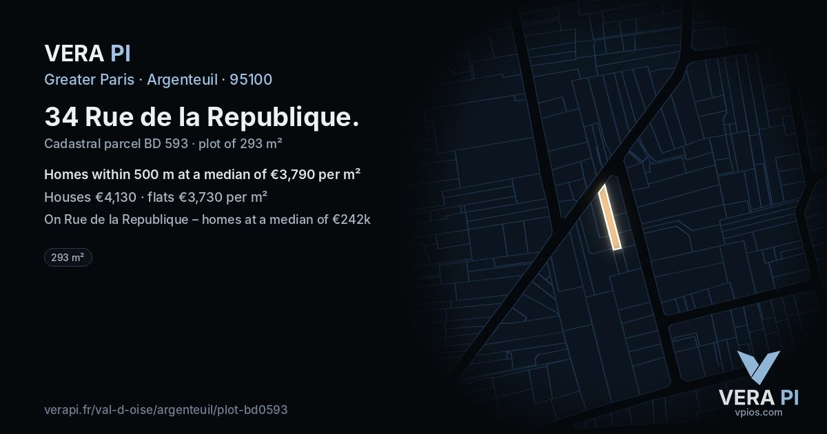 34 Rue de la Republique, Argenteuil at night – the plot lit, the parcels around coloured by the prices near them