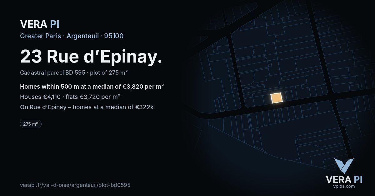 23 Rue d’Epinay, Argenteuil at night – the plot lit, the parcels around coloured by the prices near them