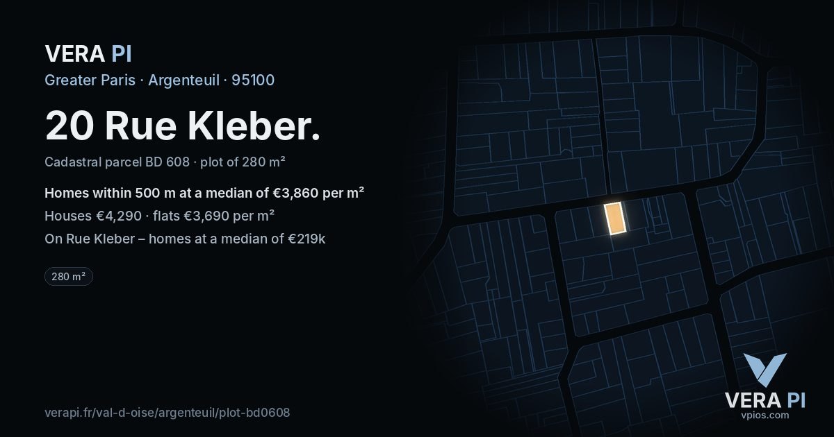 20 Rue Kleber, Argenteuil at night – the plot lit, the parcels around coloured by the prices near them
