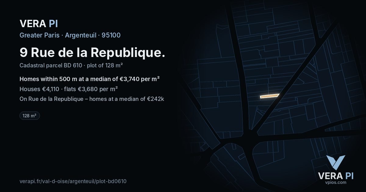 9 Rue de la Republique, Argenteuil at night – the plot lit, the parcels around coloured by the prices near them