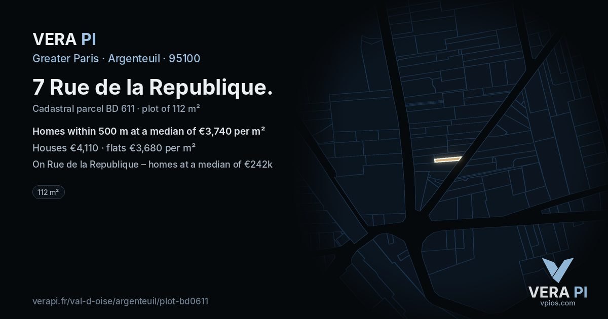 7 Rue de la Republique, Argenteuil at night – the plot lit, the parcels around coloured by the prices near them