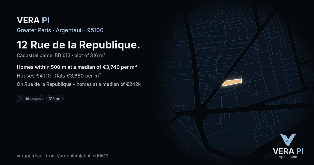 12 Rue de la Republique, Argenteuil at night – the plot lit, the parcels around coloured by the prices near them