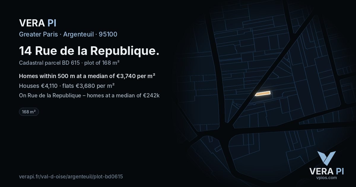 14 Rue de la Republique, Argenteuil at night – the plot lit, the parcels around coloured by the prices near them