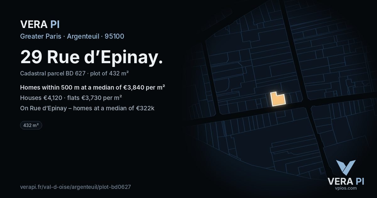 29 Rue d’Epinay, Argenteuil at night – the plot lit, the parcels around coloured by the prices near them
