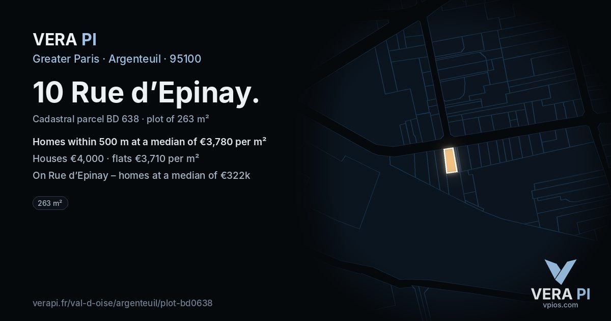 10 Rue d’Epinay, Argenteuil at night – the plot lit, the parcels around coloured by the prices near them
