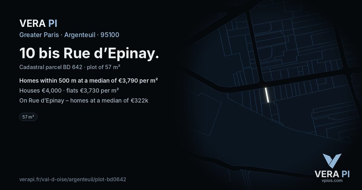 10 bis Rue d’Epinay, Argenteuil at night – the plot lit, the parcels around coloured by the prices near them