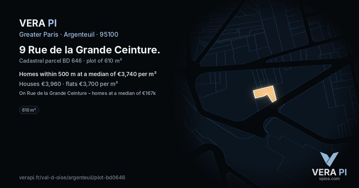 9 Rue de la Grande Ceinture, Argenteuil at night – the plot lit, the parcels around coloured by the prices near them