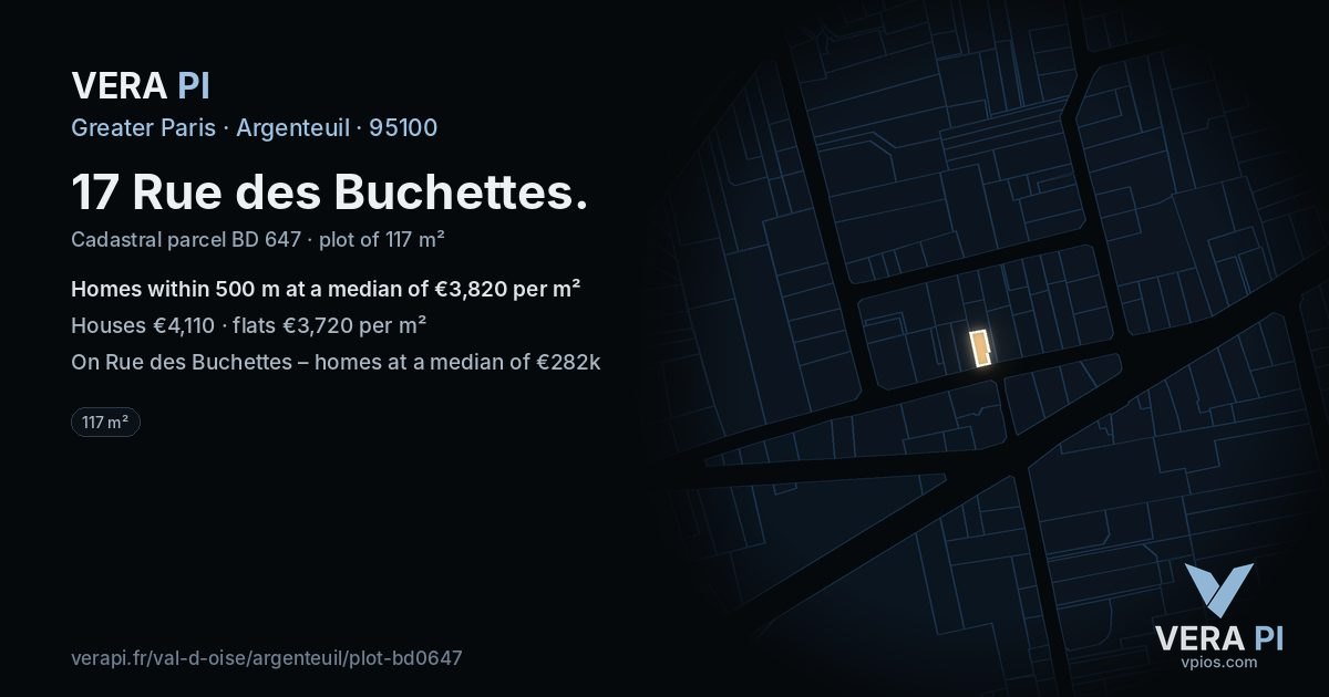 17 Rue des Buchettes, Argenteuil at night – the plot lit, the parcels around coloured by the prices near them