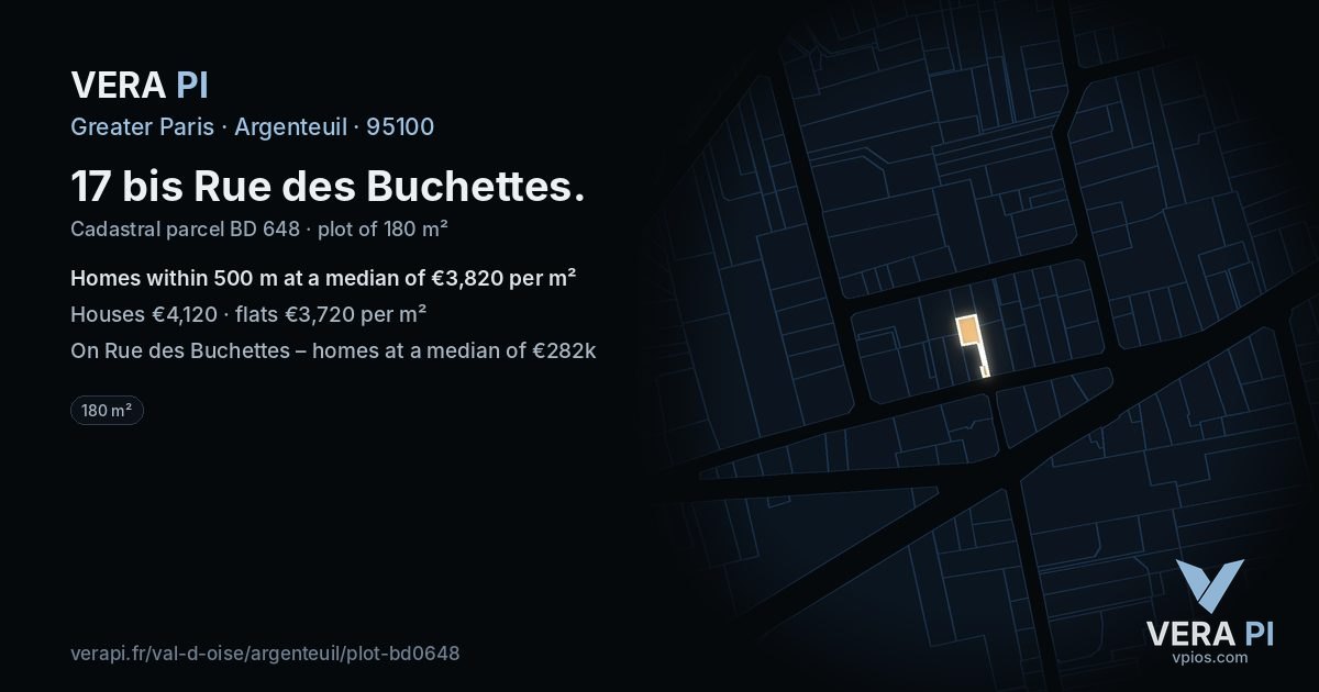 17 bis Rue des Buchettes, Argenteuil at night – the plot lit, the parcels around coloured by the prices near them