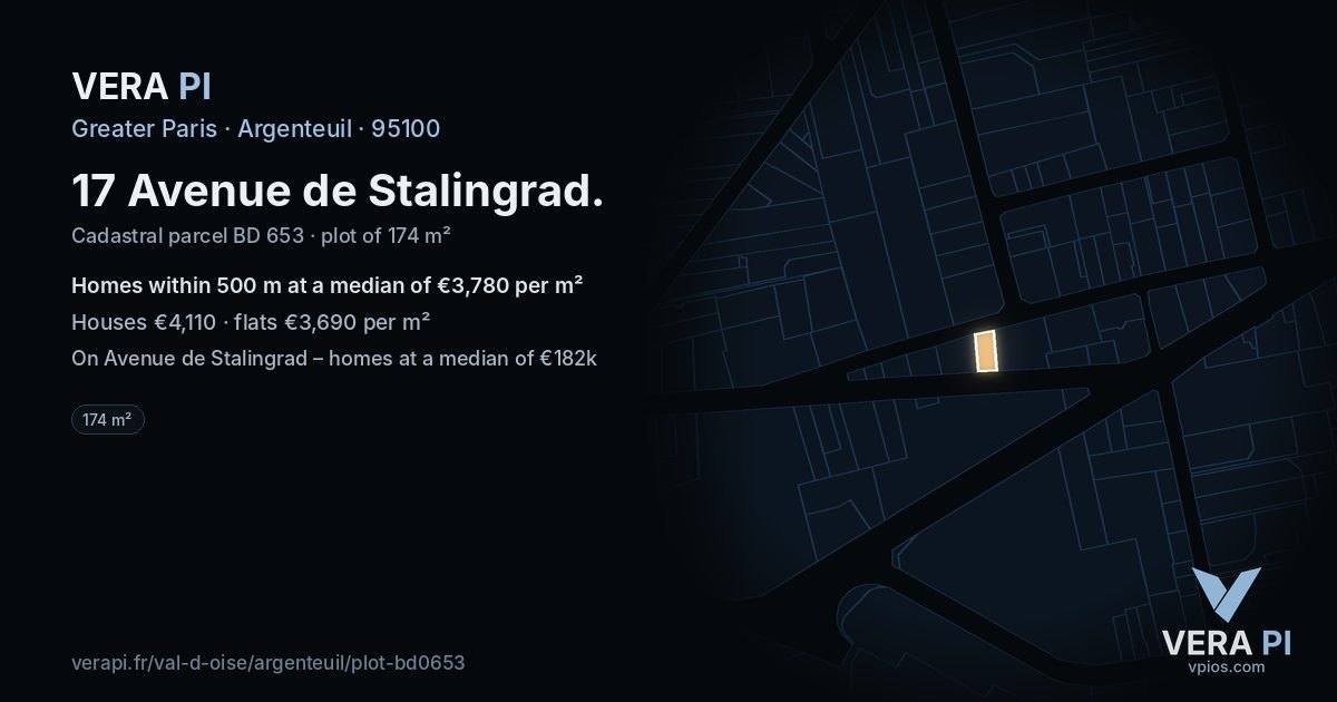 17 Avenue de Stalingrad, Argenteuil at night – the plot lit, the parcels around coloured by the prices near them
