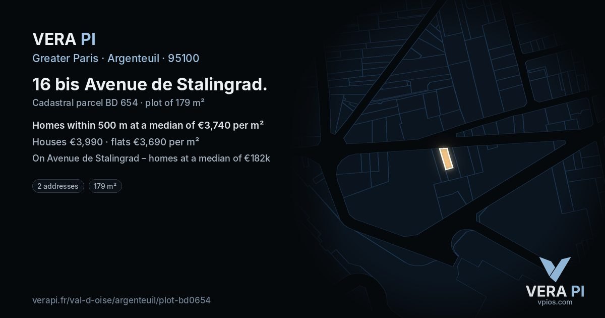 16 bis Avenue de Stalingrad, Argenteuil at night – the plot lit, the parcels around coloured by the prices near them
