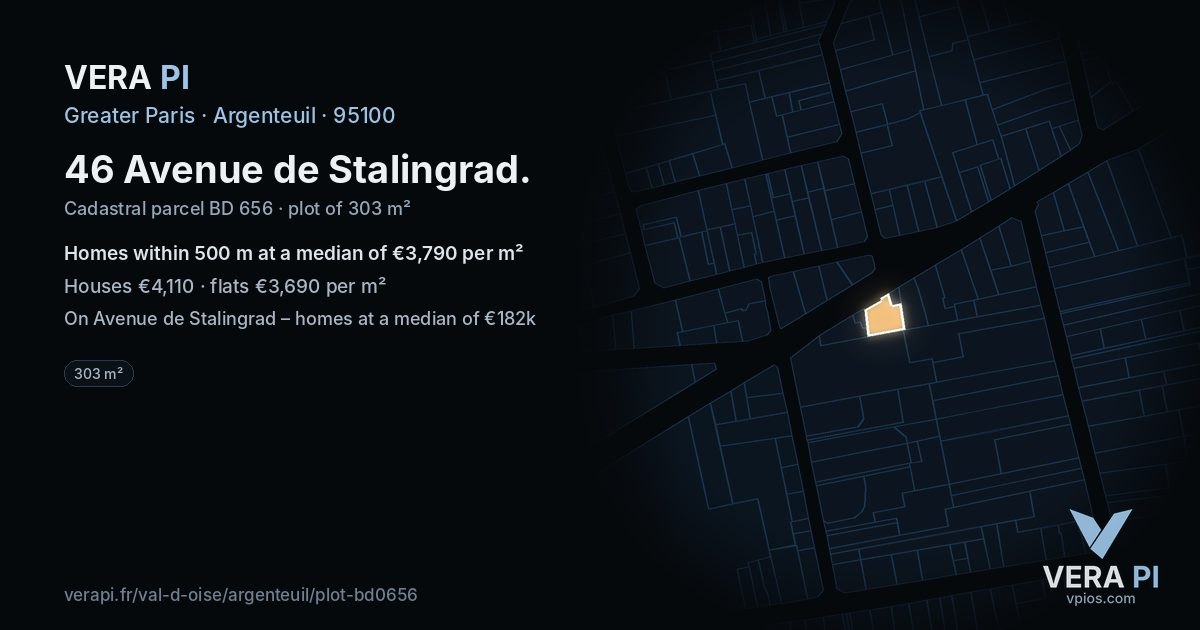 46 Avenue de Stalingrad, Argenteuil at night – the plot lit, the parcels around coloured by the prices near them