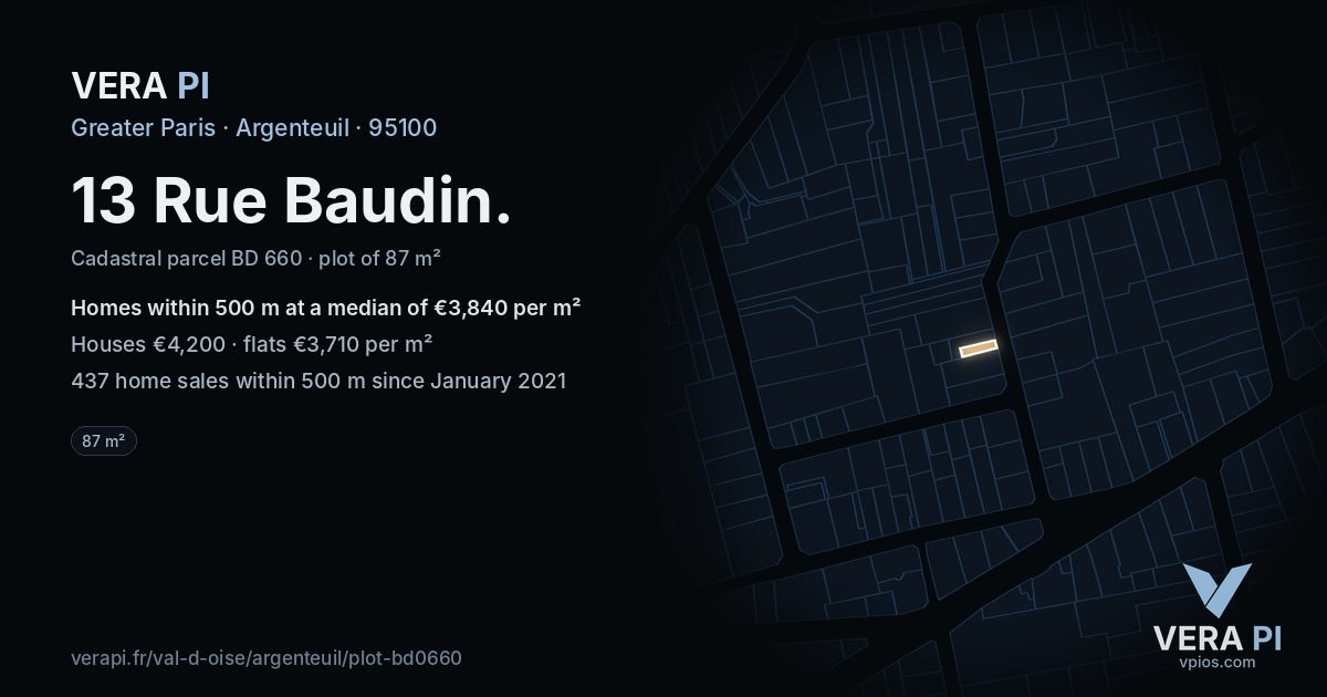 13 Rue Baudin, Argenteuil at night – the plot lit, the parcels around coloured by the prices near them