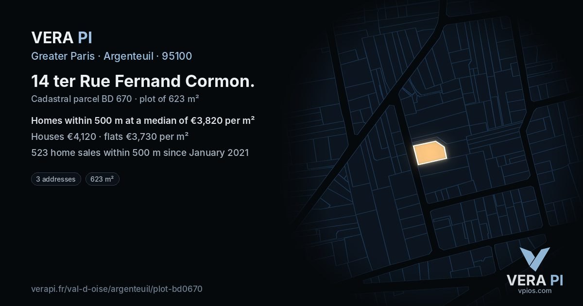 14 ter Rue Fernand Cormon, Argenteuil at night – the plot lit, the parcels around coloured by the prices near them