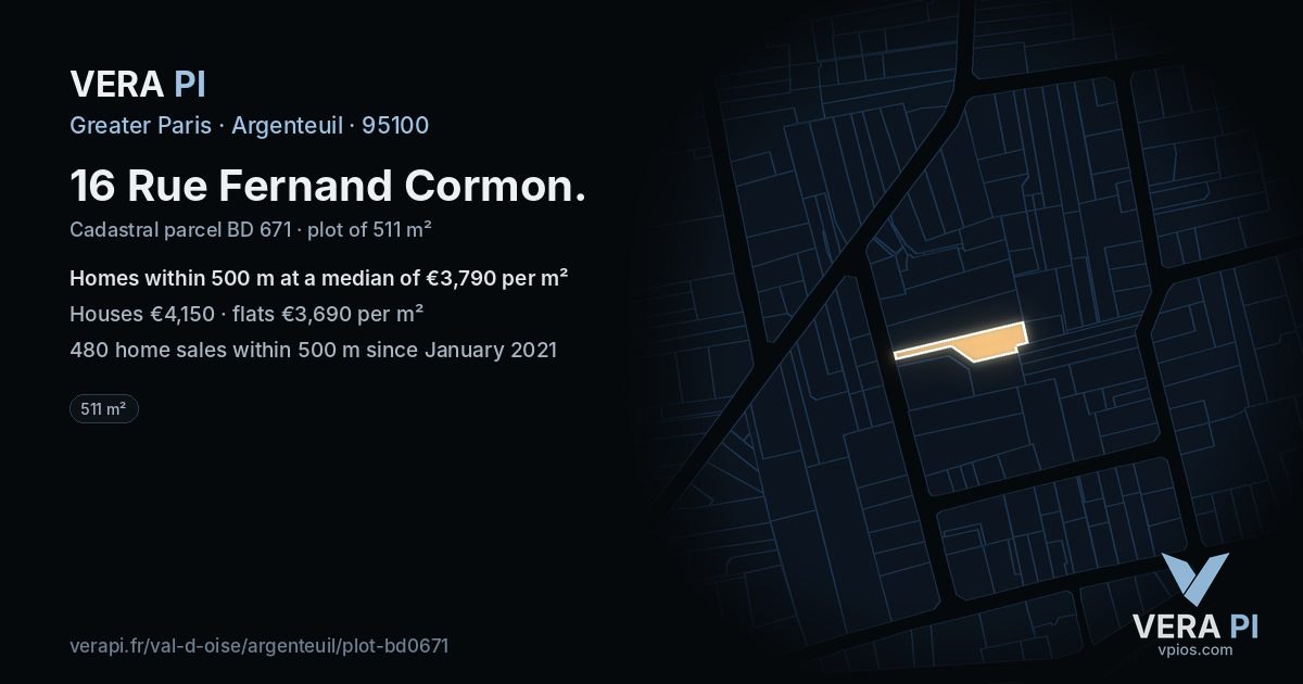 16 Rue Fernand Cormon, Argenteuil at night – the plot lit, the parcels around coloured by the prices near them