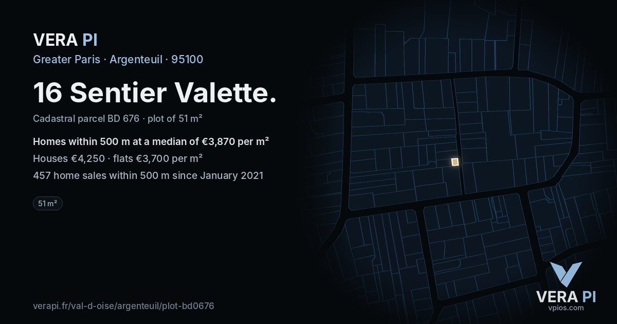 16 Sentier Valette, Argenteuil at night – the plot lit, the parcels around coloured by the prices near them