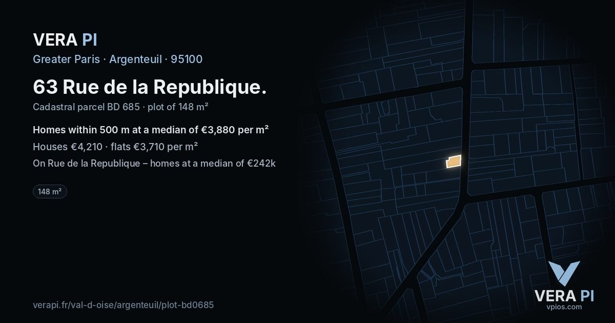 63 Rue de la Republique, Argenteuil at night – the plot lit, the parcels around coloured by the prices near them