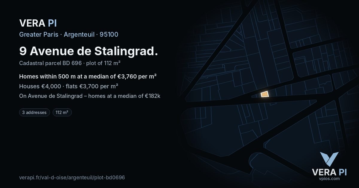 9 Avenue de Stalingrad, Argenteuil at night – the plot lit, the parcels around coloured by the prices near them