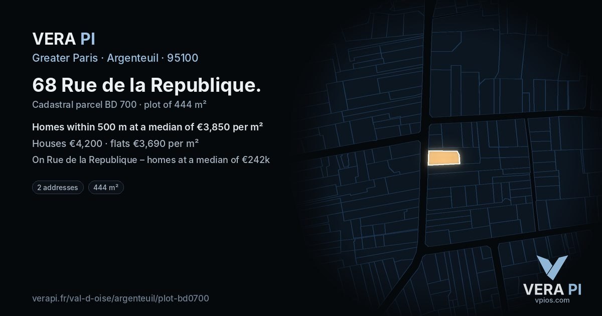 68 Rue de la Republique, Argenteuil at night – the plot lit, the parcels around coloured by the prices near them