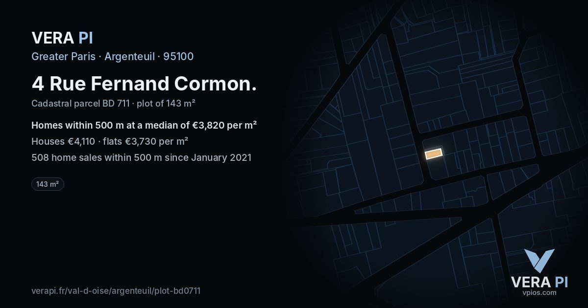 4 Rue Fernand Cormon, Argenteuil at night – the plot lit, the parcels around coloured by the prices near them