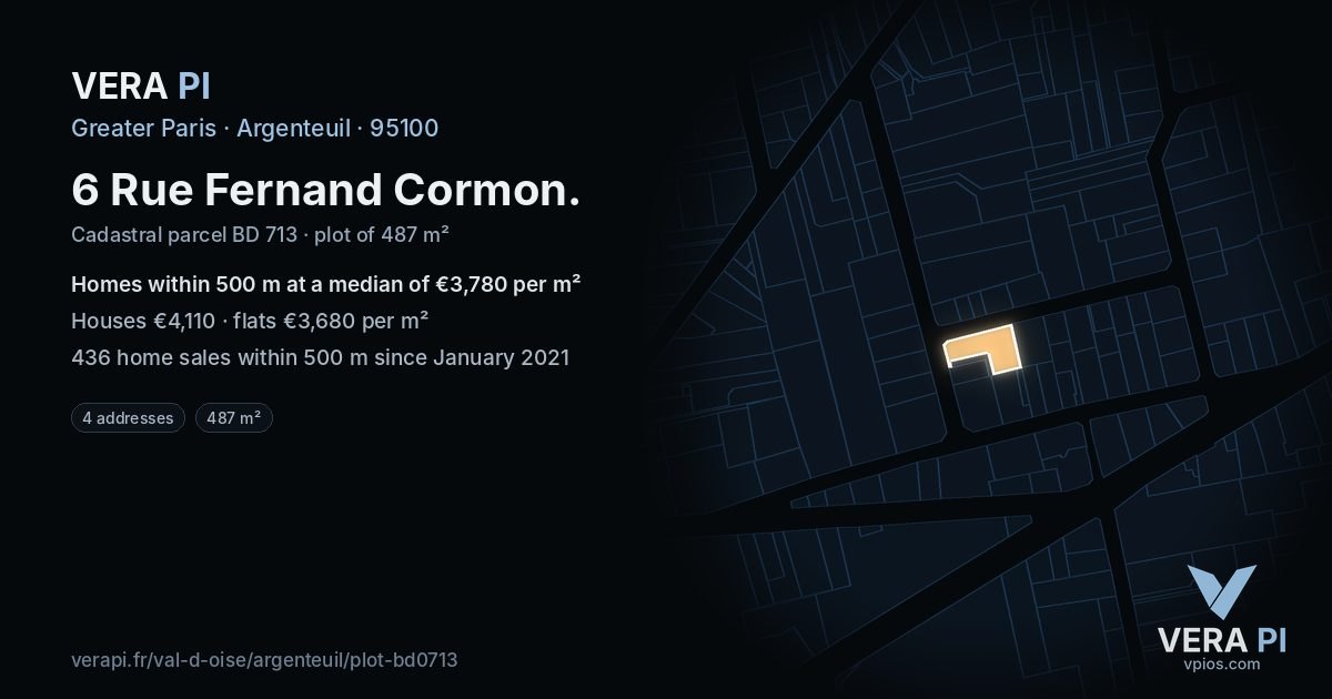 6 Rue Fernand Cormon, Argenteuil at night – the plot lit, the parcels around coloured by the prices near them