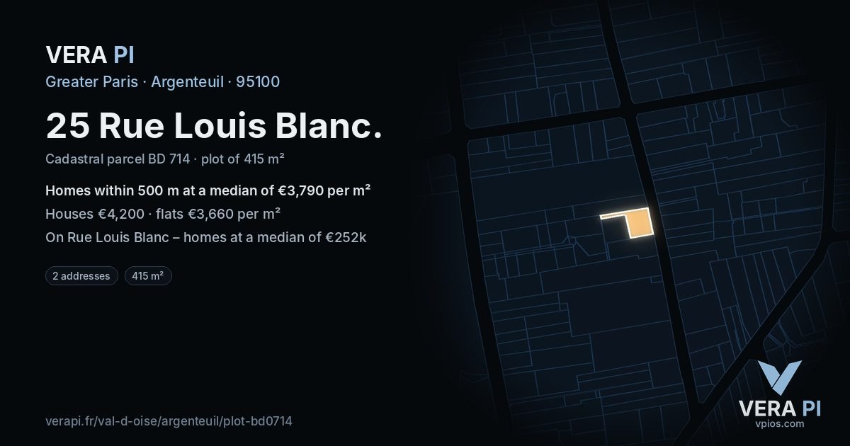 25 Rue Louis Blanc, Argenteuil at night – the plot lit, the parcels around coloured by the prices near them