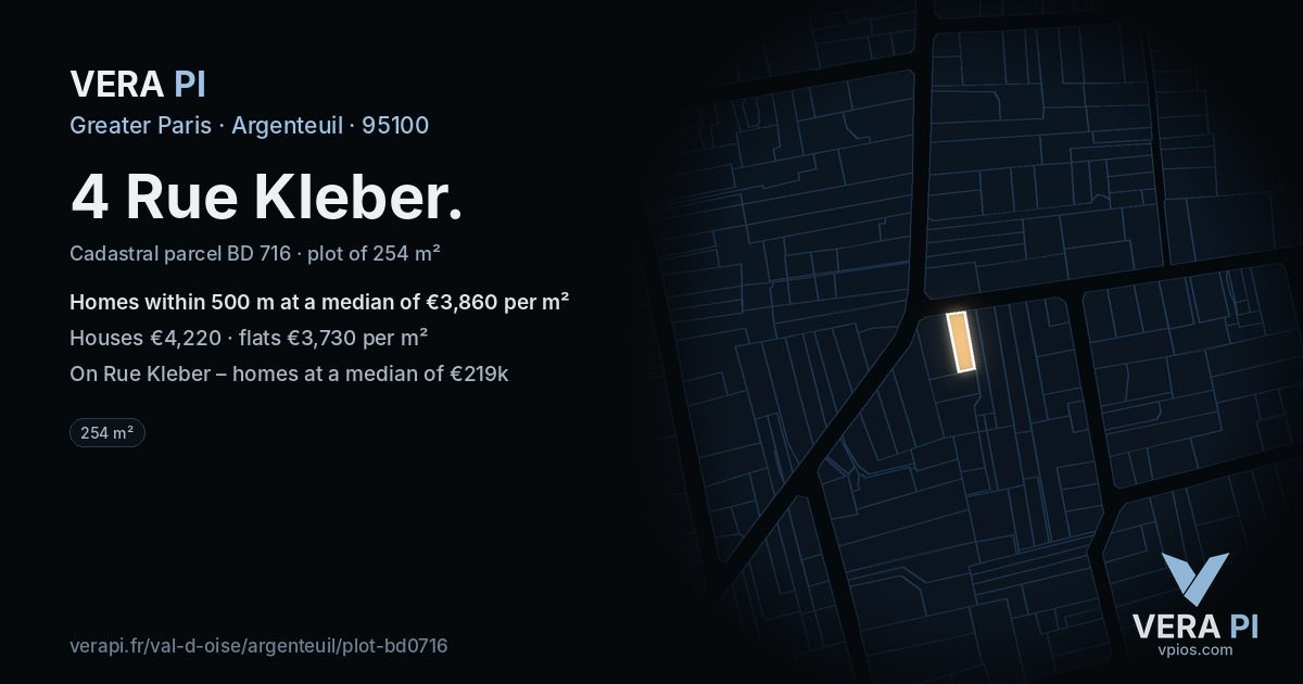4 Rue Kleber, Argenteuil at night – the plot lit, the parcels around coloured by the prices near them