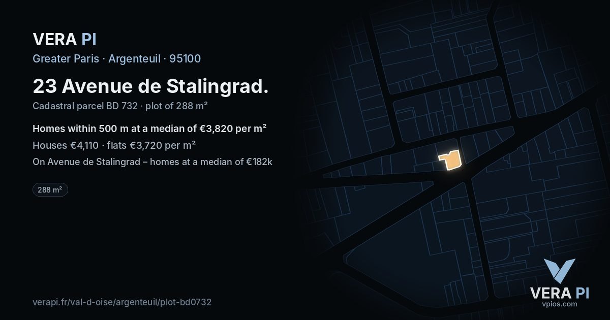23 Avenue de Stalingrad, Argenteuil at night – the plot lit, the parcels around coloured by the prices near them