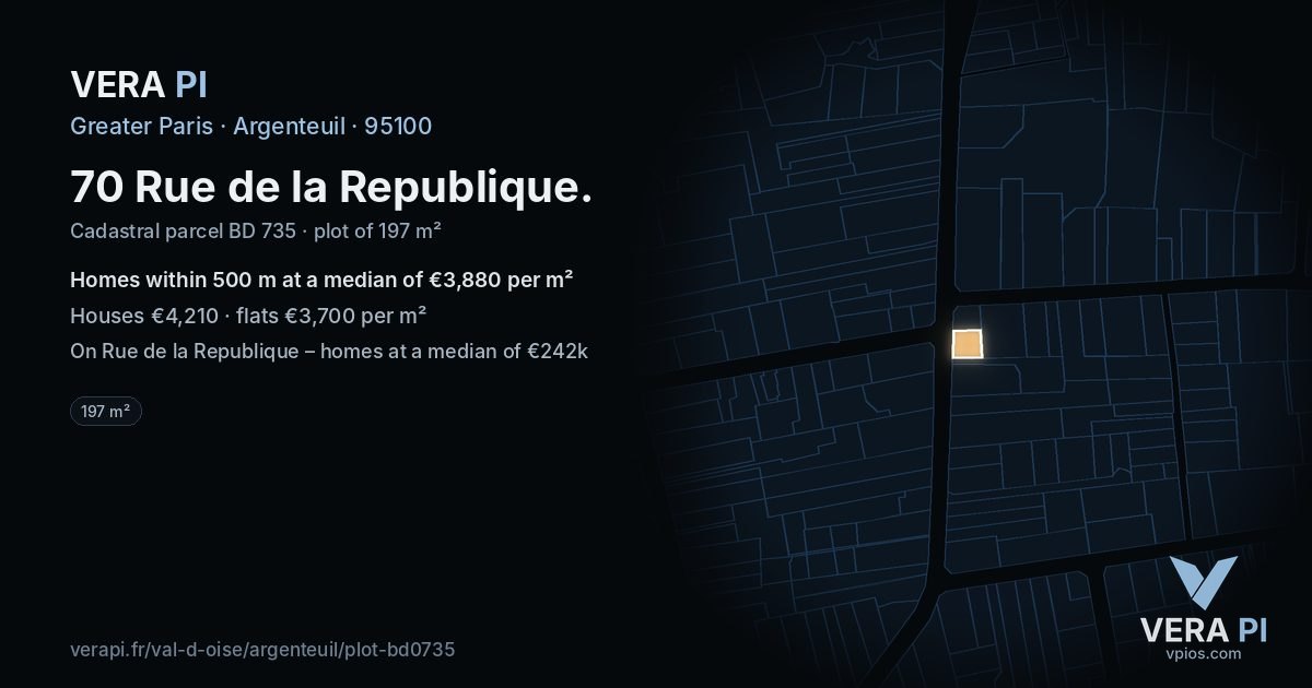 70 Rue de la Republique, Argenteuil at night – the plot lit, the parcels around coloured by the prices near them