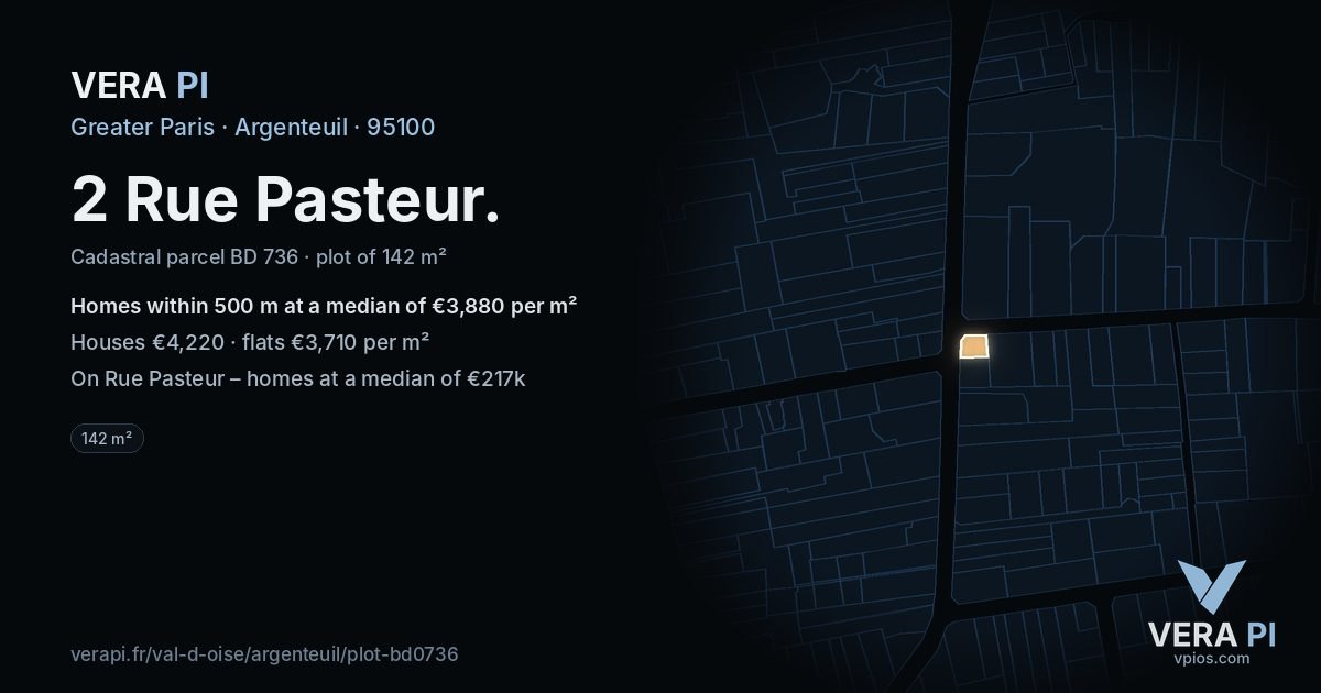 2 Rue Pasteur, Argenteuil at night – the plot lit, the parcels around coloured by the prices near them