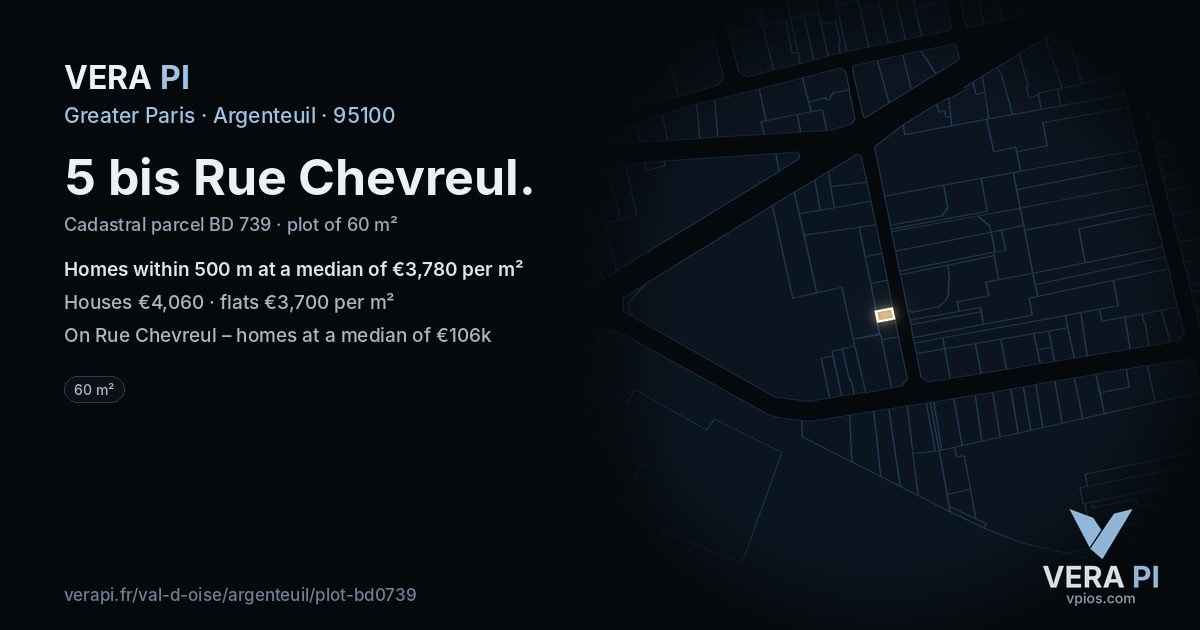 5 bis Rue Chevreul, Argenteuil at night – the plot lit, the parcels around coloured by the prices near them