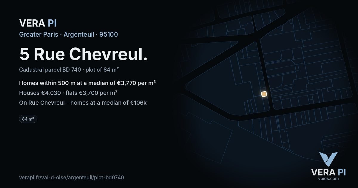 5 Rue Chevreul, Argenteuil at night – the plot lit, the parcels around coloured by the prices near them