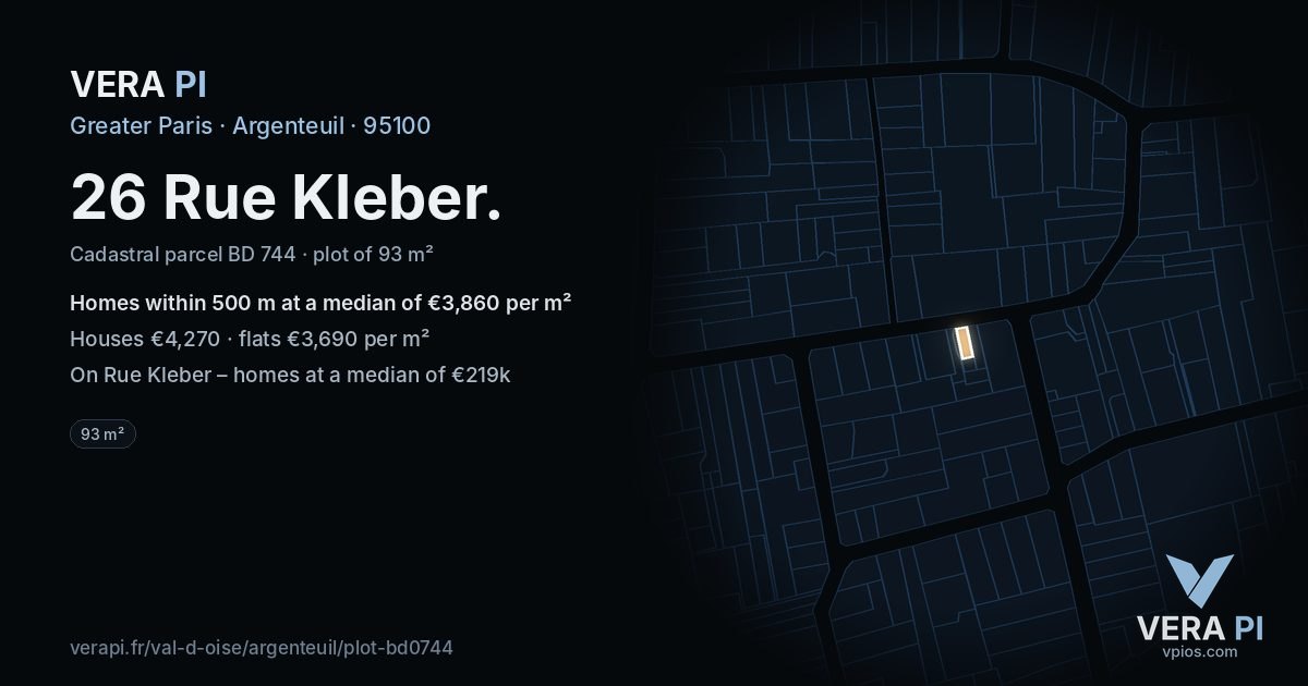 26 Rue Kleber, Argenteuil at night – the plot lit, the parcels around coloured by the prices near them