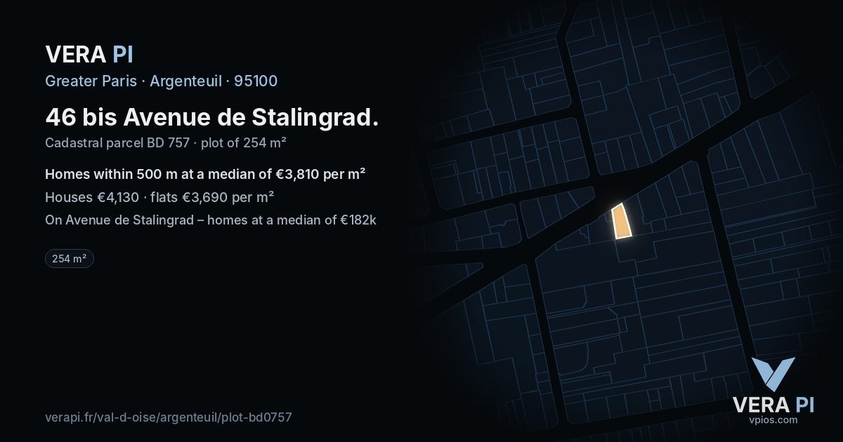 46 bis Avenue de Stalingrad, Argenteuil at night – the plot lit, the parcels around coloured by the prices near them