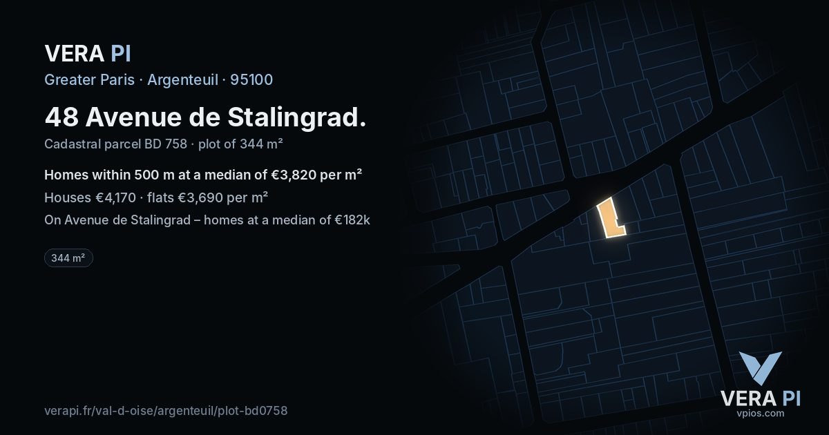 48 Avenue de Stalingrad, Argenteuil at night – the plot lit, the parcels around coloured by the prices near them