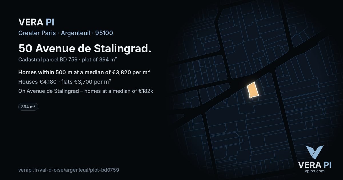 50 Avenue de Stalingrad, Argenteuil at night – the plot lit, the parcels around coloured by the prices near them