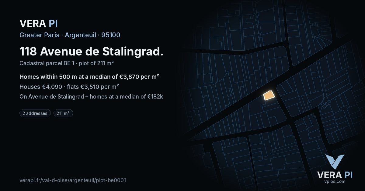 118 Avenue de Stalingrad, Argenteuil at night – the plot lit, the parcels around coloured by the prices near them