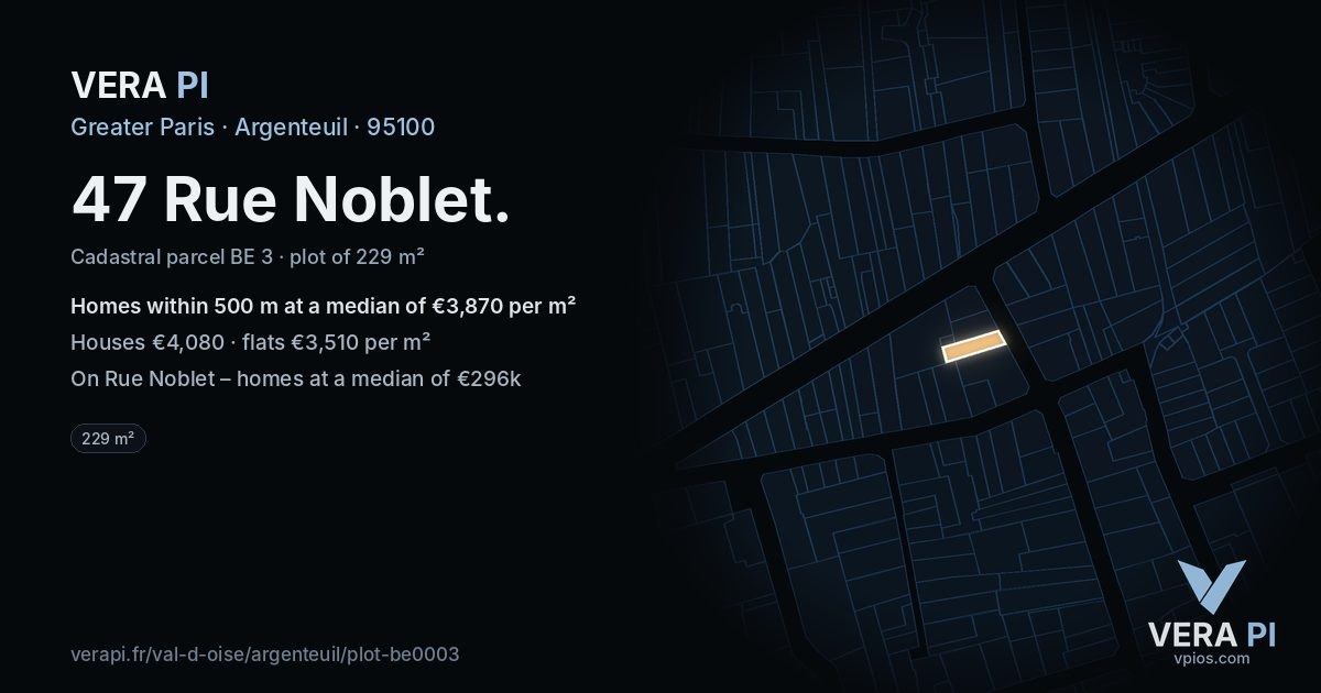 47 Rue Noblet, Argenteuil at night – the plot lit, the parcels around coloured by the prices near them